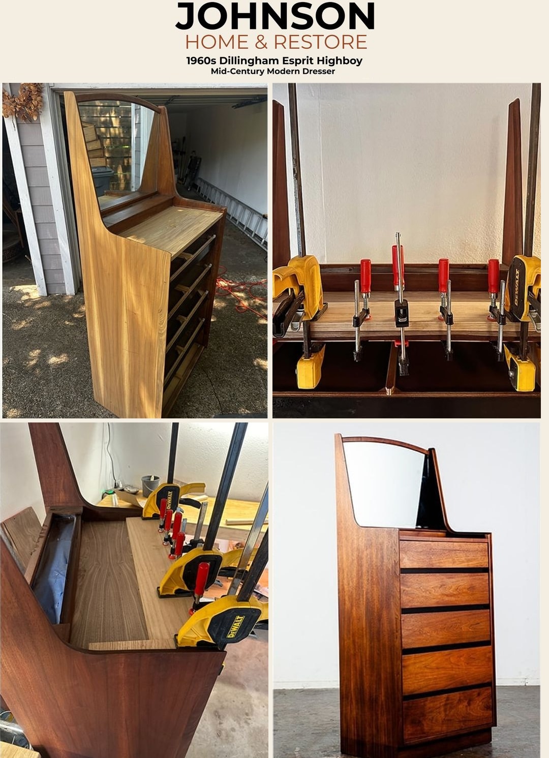 1960s Dillingham Esprit highboy — stripped, clamped, and refinished. American mid-century modern dresser restored in Dallas.